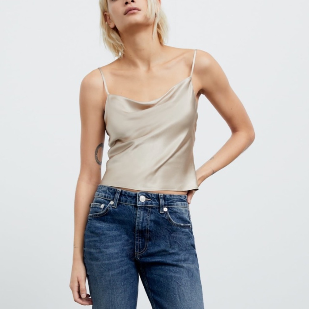 Satin camisole taupe grey cropped size small Zara